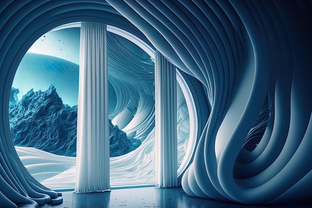 Fantastic background in white and blue Wave like view of a futuristic room