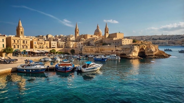 Photo fantastic city landscape on the seaside with boats malta europe