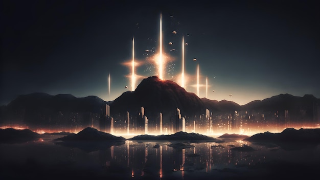 Fantastic city under mountains ridge with light pillars above neural network generated art