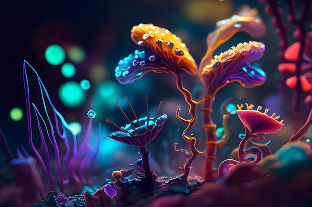 Fantastic color rainbow glowing mushrooms in a mysterious dark forest closeup Beautiful macro shot of a magic murmuration fungus Art design border Magic light Generative AI