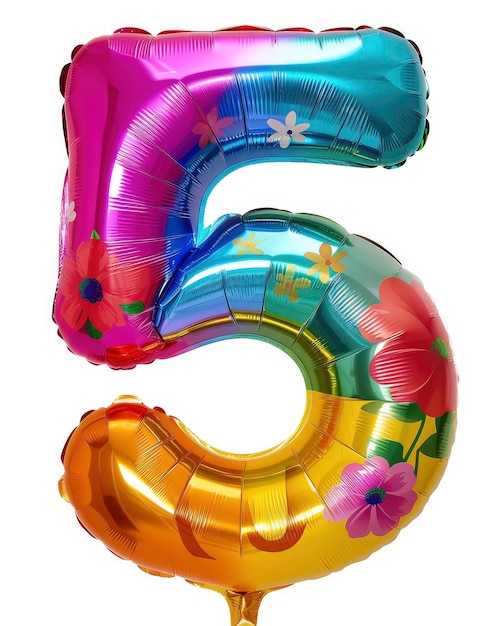 Fantastic colorful bright and vibrant birthday foil balloon in shape on number 5 isolated on white