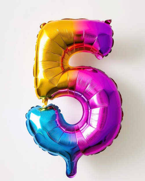 Fantastic colorful bright and vibrant birthday foil balloon in shape on number 5 isolated on white