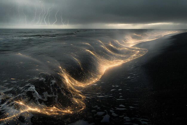 Fantastic dark stormy sky over black sand beach in Iceland