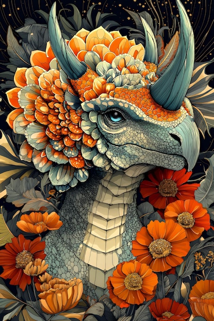 Fantastic Dragon in a Garden of Orange Blooms