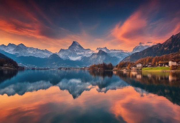 Fantastic evening mountain landscape Picturesque autumn sunset in Swiss alps