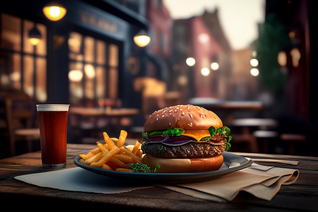 Fantastic hamburger with fries with glass of juice and blurred restaurant in the background