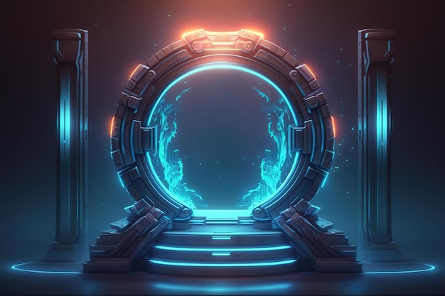 Fantastic hightech portal with neon illumination on a spaceship Teleportation of the cyberpunk world