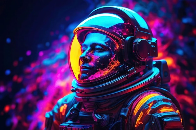 Fantastic illustration closeup of an astronauts face standing against a background of neon glare