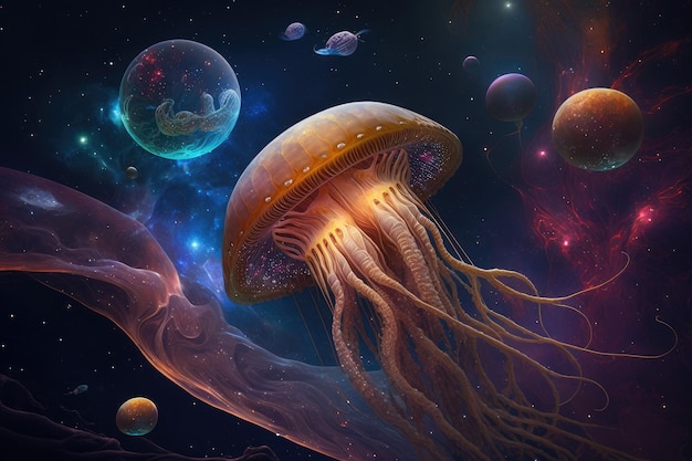 Fantastic jellyfish in space depicted on cosmic background with planets and stars