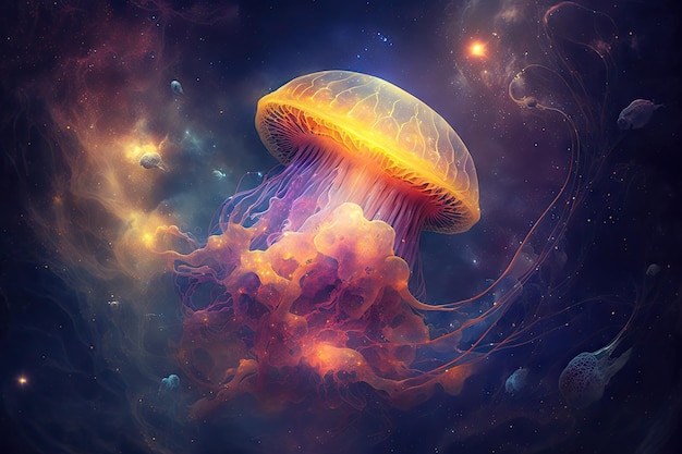 Fantastic jellyfish in space floating among cosmic nebula and flying galaxies