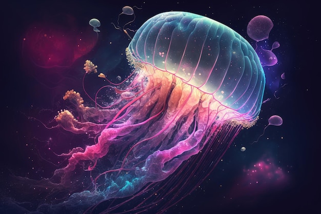 Fantastic jellyfish in space floating in pink blue cosmic ocean created with generative ai