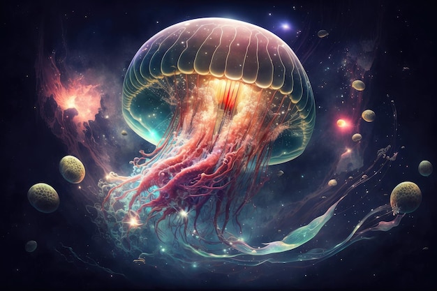 Fantastic jellyfish in space floating among planets and stars