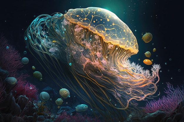 Fantastic jellyfish in space among sea minerals and seaweed