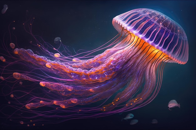 Fantastic jellyfish in space with beautiful purple stripes and orange tentacles created with generat