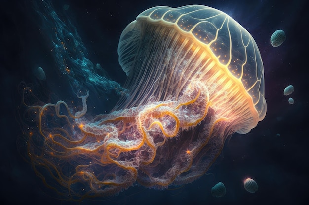 Fantastic jellyfish in space with glowing tentacles floating in void created with generative ai