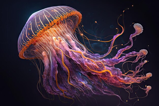 Fantastic jellyfish in space with purple and orange tentacles created with generative ai