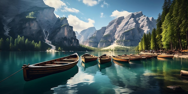 Fantastic lake with boats and mountains in the background at sunrise