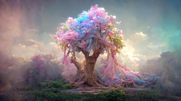 Fantastic landscape with a fantasy tree of desires in pinkblue colors