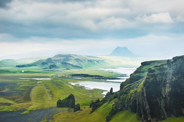 Fantastic landscape with view of the hills and mountains. South of Iceland