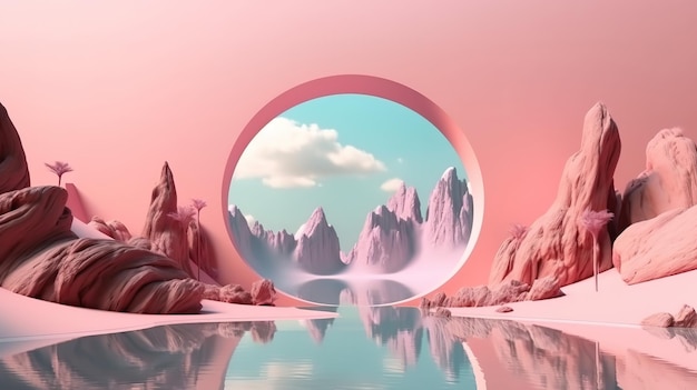 Fantastic landscape with water rocks round mirror chrome arch neon ring Generative Ai