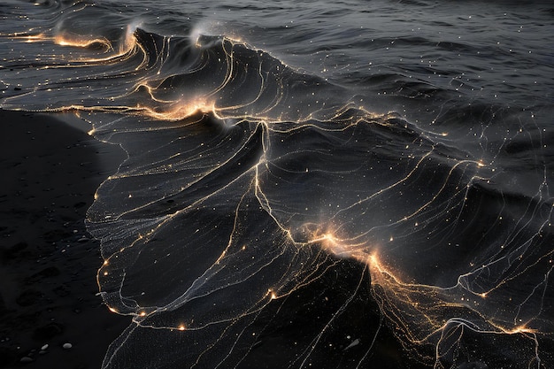 Fantastic light reflections on the black sand beach in the sea