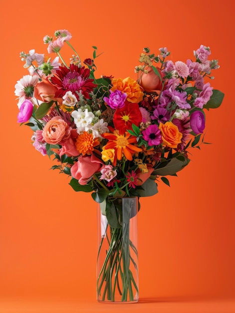 Fantastic lush and bright heart shaped flower bouquet standing in the vase