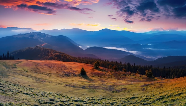 Fantastic morning mountain landscape Overcast colorful sky