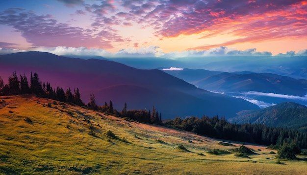 Fantastic morning mountain landscape Overcast colorful sky