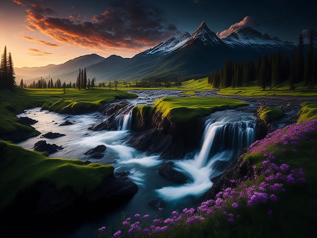 Fantastic mountain landscape with a waterfall in the mountains Dramatic sky