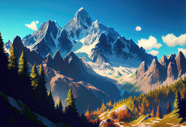 Fantastic mountain peaks with snow on top Picturesque landscape with Alps Generative Ai Art Forest with evergreen trees