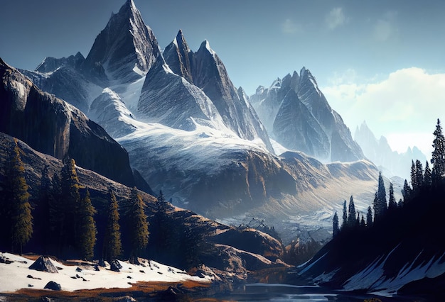 Fantastic mountain peaks with snow on top Picturesque landscape with Alps Generative Ai Art