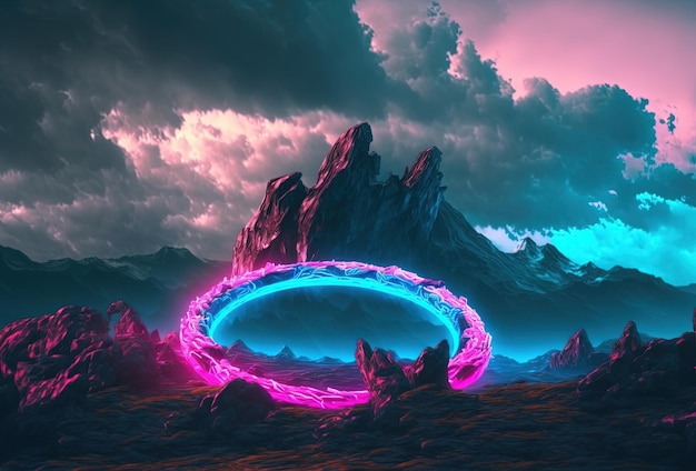 Fantastic mountain scenery with a round neon portal against a cloudy thunderous sky Surrealistic dystopian alien world 3D rendering AI generated