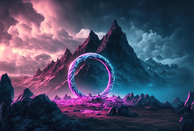 Fantastic mountain scenery with a round neon portal against a cloudy thunderous sky Surrealistic dystopian alien world 3D rendering AI generated