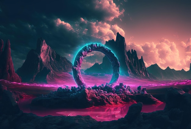 Fantastic mountain scenery with a round neon portal against a cloudy thunderous sky Surrealistic dystopian alien world 3D rendering AI generated