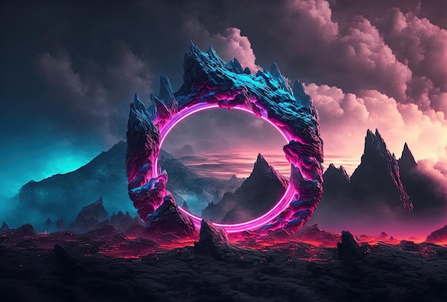 Fantastic mountain scenery with a round neon portal against a cloudy thunderous sky Surrealistic dystopian alien world 3D rendering AI generated