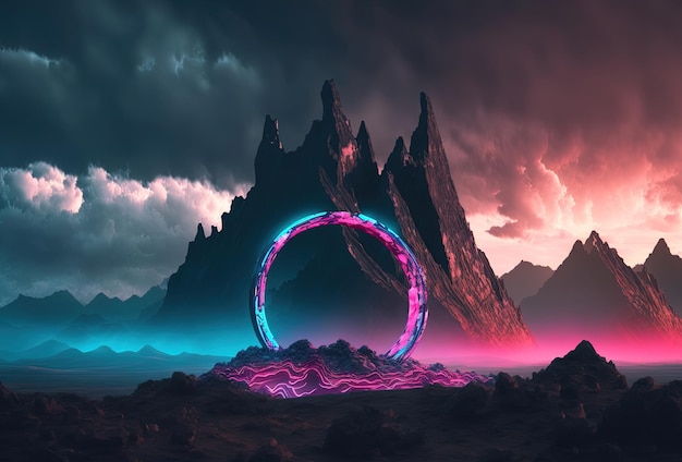 Fantastic mountain scenery with a round neon portal against a cloudy thunderous sky Surrealistic dystopian alien world 3D rendering AI generated