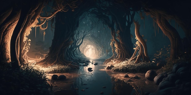 A fantastic mystical landscape of the elven gorge Grim mountains trees and a stream A magical place in the middle of the forest illuminated by magical lanterns fireflies AI generated