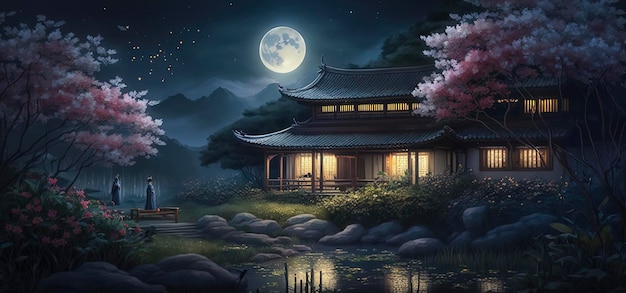 A fantastic night of digital art Full moon Starry sky Flowers Firefly Far away mountains