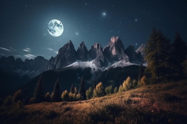 Fantastic night mountain landscape mountains view with moon lights