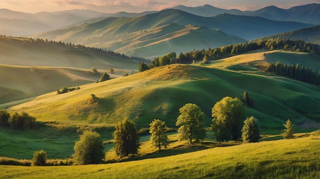 Fantastic rolling countryside in the morning light Location place Carpathian mountains Ukraine Europe Photo wallpaper Image of exotic summer scene Summer vacation Discover the beauty of earth