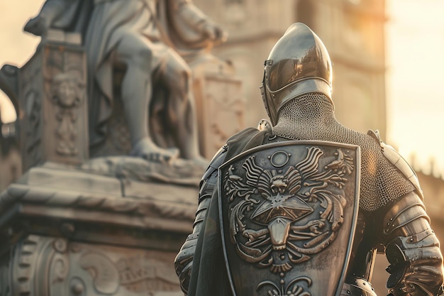 A fantastic royal knight in armor guards the castle chambers