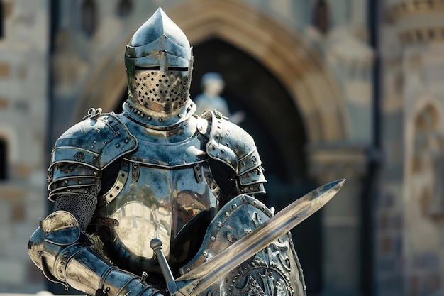 A fantastic royal knight in armor guards the castle chambers