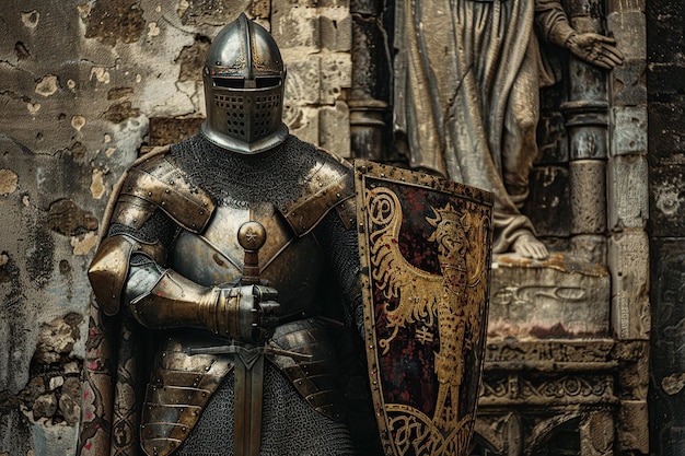 A fantastic royal knight in armor guards the castle chambers