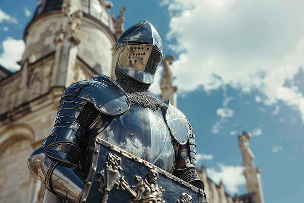 A fantastic royal knight in armor guards the castle chambers