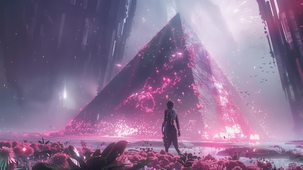 Fantastic scene with a robot in front of a futuristic pyramid in purple shades