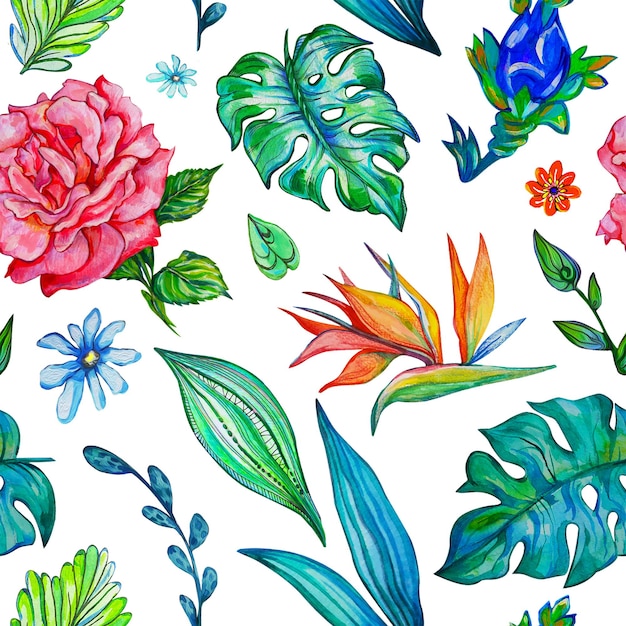 Fantastic seamless pattern flowers set with fabulous flowers and Strelitzia