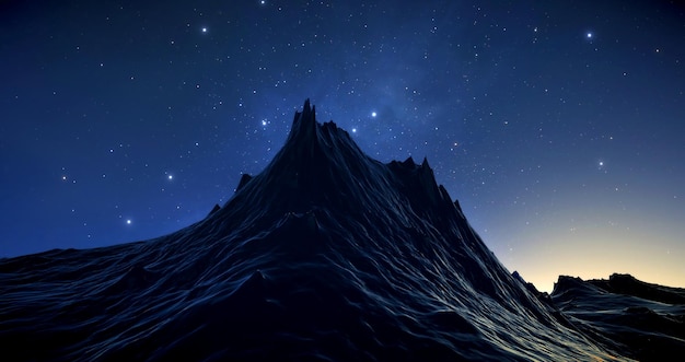 Fantastic space landscape view from surface of planet Martian surface of planet fantasy sharp rocks and mountains Magical starry sky stars of the planet and galaxies in sky