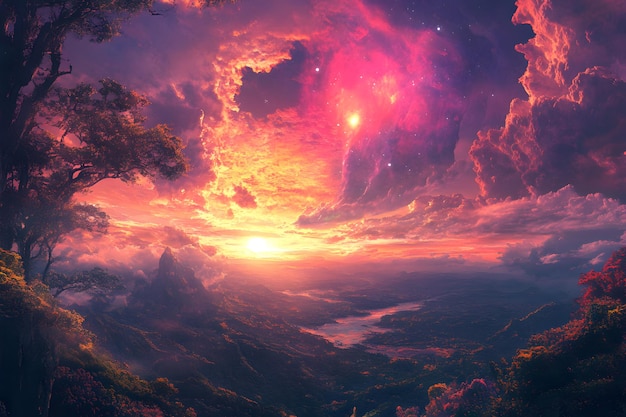 Fantastic Sunset Landscape with Celestial Wonders