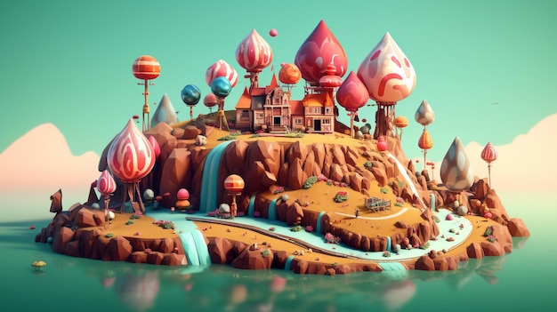 Fantastic surreal float island landscape with some candy Generative AI