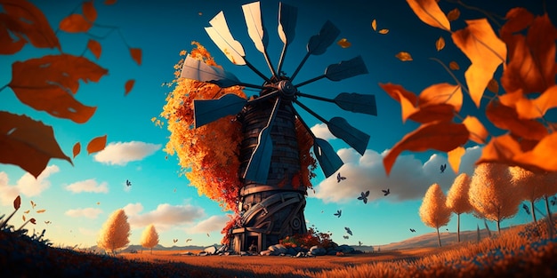 Fantastic traditional windmill in autumn AI generated illustration